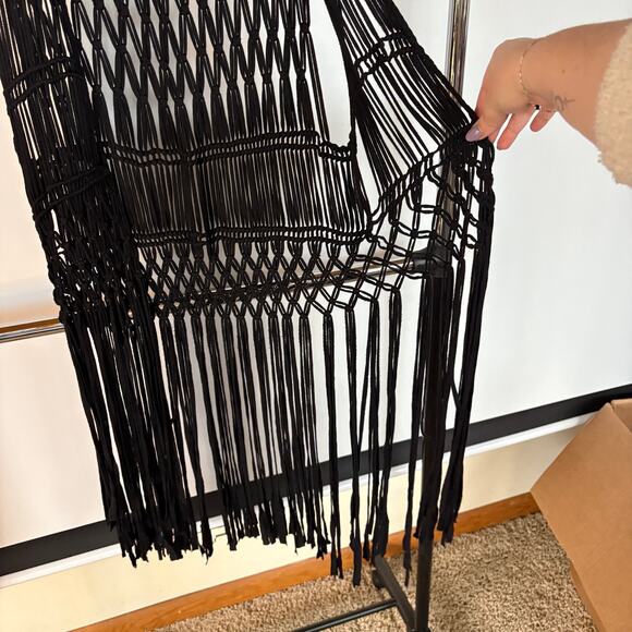 Festival Beach Crochet Black Coverup Western Boho Long Fringe Knot Open Knit Top - Picture 7 of 8